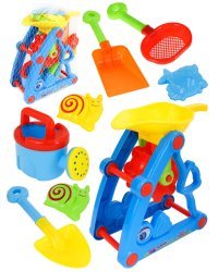 Песочный набор "Водные забавы" (лейка,3 формочки,мельница,лопатка,ситичко,в сетке) ( Арт. ИК-2342)