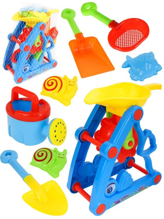 02. Песочные наборы (Рыжий Кот) Песочный набор "Водные забавы" (лейка,3 формочки,мельница,лопатка,ситичко,в сетке) ( Арт. ИК-2342)