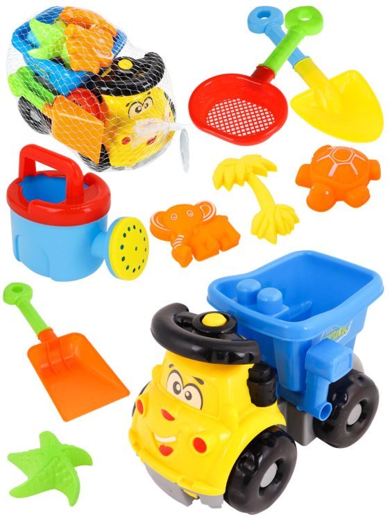 02. Песочные наборы (Рыжий Кот) Песочный набор "Грузовик" (лейка,4 формочки,ситичко,грабли,лопатка,грузовик,в сетке) ( Арт. ИК-2341)