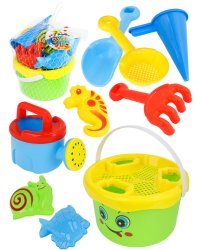 Песочный набор "Смайлик" (ведерко,сито,ситичко,грабли,лопатка,лейка,3 формочки,в сетке)(Арт.ИК-2340)