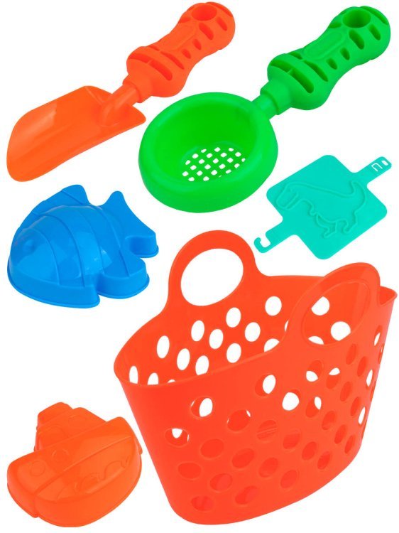 Песочный набор (лоп.,грабли,формочки,сумка,форма/отпечат. на песке,в сетке)цвет микс ( Арт. ИК-2330)