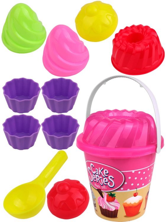 Песочный набор "Вкусняшка" (ведерко, сито, лопатка,10 форм, в сетке) цвет микс (Арт. ИК-2321)