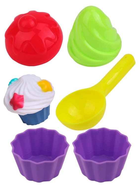 02. Песочные наборы (Рыжий Кот) Песочный набор "Кондитер" (лопатка,5 формочек, в сетке) цвет микс ( Арт. ИК-2328)