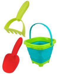 Песочный набор (ведерко складное, грабли, лопатка) (цвет-микс, в сетке)  ( Арт. ИК-2327)