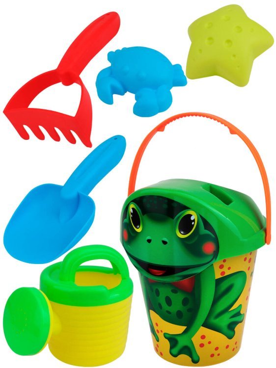 02. Песочные наборы (Рыжий Кот) Песочный набор (ведерко с крышкой,лейка,грабли,лопатка,2 формочки,цвет-микс,в сетке) ( Арт. ИК-2320)