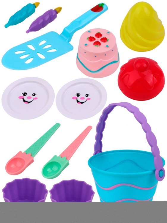 02. Песочные наборы (Рыжий Кот) Песочный набор "Тортик"(ведерки,свечки,лопатки,тарелочки,формочки,в сетке) цвет-микс ( Арт. ИК-2318)