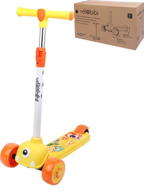 01. Трехколесные Velobibi (Рыжий Кот) Самокат 3-х колесный жёлтый 58*28*80 см (Арт. СМК-0366)