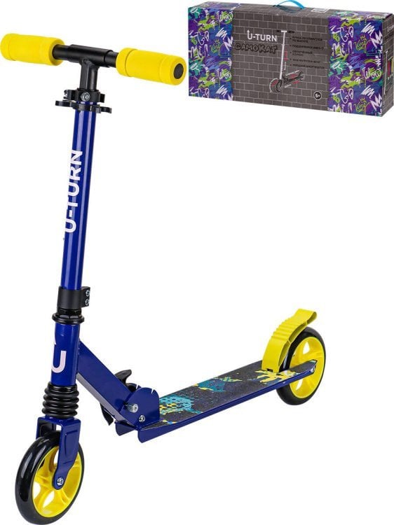 Самокат двухколесный(колеса PU 14,5 см, 73*10*66-82,5 см, макс.вес 50 кг,жёлто-синий)(Арт. СМК-9935)