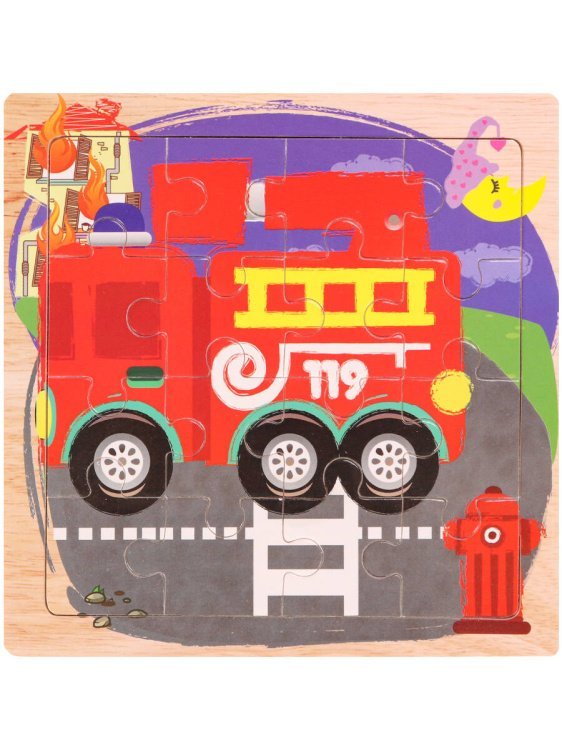 РАМКИ-ПАЗЛЫ (Рыжий Кот) Деревянная пазл-рамка (14,5х14,5 см) "Пожарная машинка" (16 элементов) ( Арт. ИД-0132)