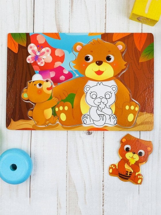 РАМКИ-ПАЗЛЫ (Рыжий Кот) Деревянная пазл-рамка (22х15 см) "Семья медвежат" ( Арт. ИД-0141)