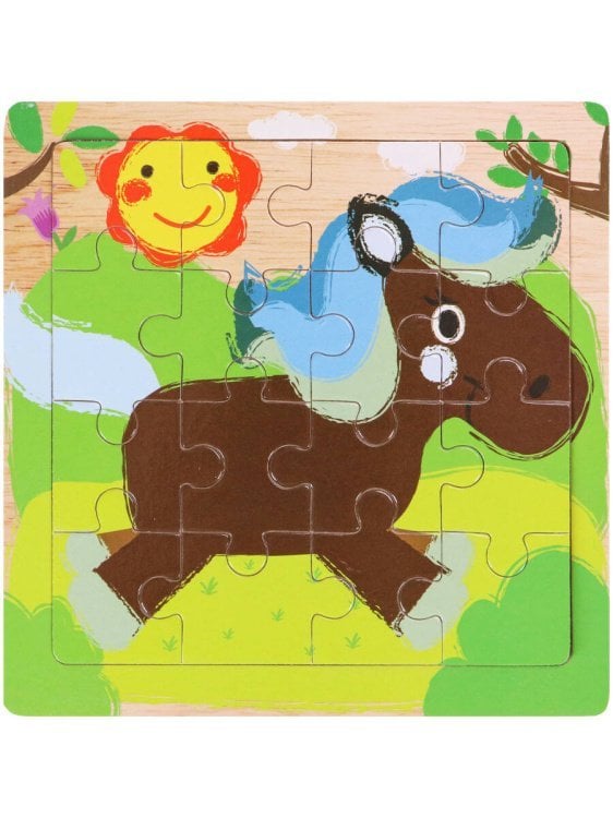 РАМКИ-ПАЗЛЫ (Рыжий Кот) Деревянная пазл-рамка (14,5х14,5 см) "Лошадка на прогулке" (16 элементов) ( Арт. ИД-0137)