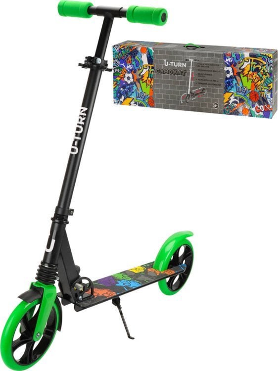 Самокат двухколес.(колеса PU 20см,85*11*79-103 см,макс.вес 100кг,черно-зелён.граффити)(Арт.СМК-9940)