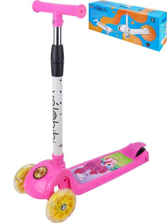 01. Трехколесные Velobibi (Рыжий Кот) Самокат 3-х колесный складной розовый 55*13*66-76 см (макс.нагрузка до 40 кг) (Арт. СМК-0365)