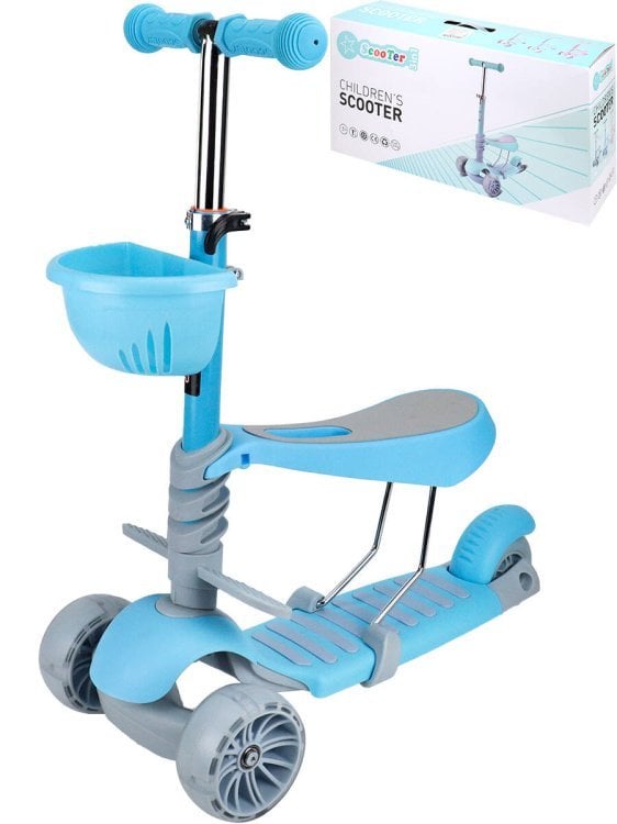 01. Трехколесные Velobibi (Рыжий Кот) Самокат 3-х колесный 3 в 1 голубой 57*23*56-76 см, заднее колесо PVC без света (Арт. СМК-0375)