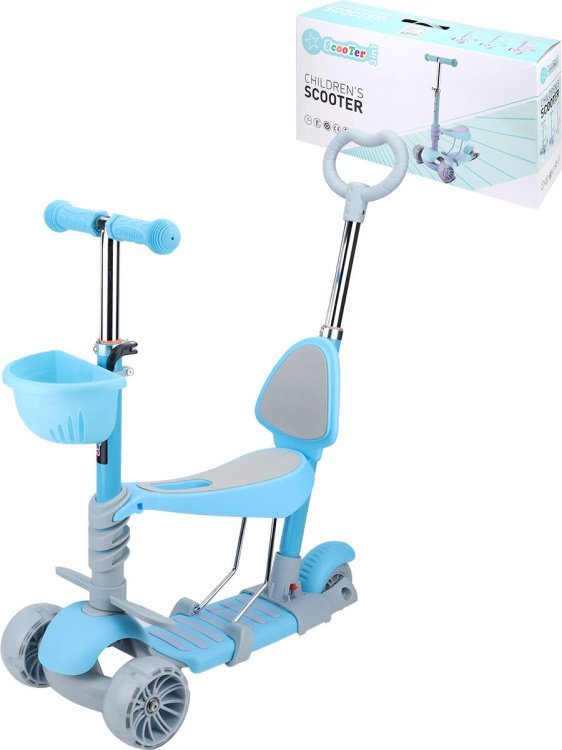 01. Трехколесные Velobibi (Рыжий Кот) Самокат 3-х колесный 5в1 с ручкой голубой56*27*56-76см, светящиеся колёса (Арт. СМК-0377)