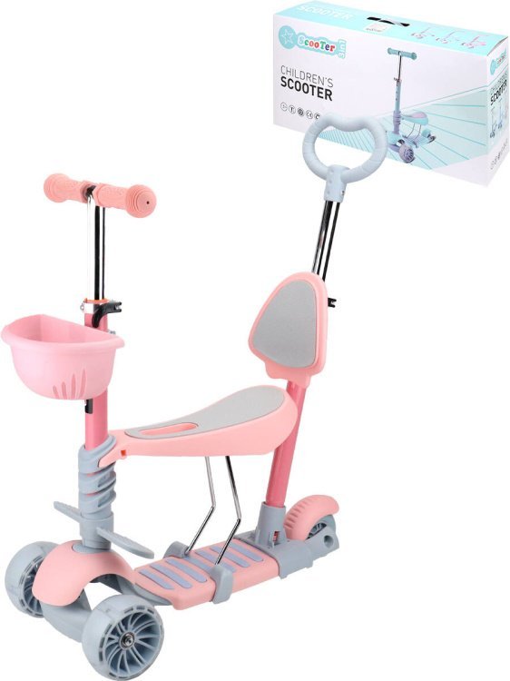 01. Трехколесные Velobibi (Рыжий Кот) Самокат 3-х колесный 5 в 1 с ручкой розовый 56*27*56-76 см, светящиеся колёса (Арт. СМК-0378)