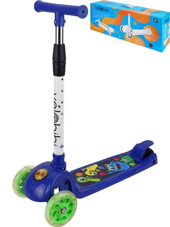 01. Трехколесные Velobibi (Рыжий Кот) Самокат 3-х колесный складной синий 55*13*66-76 см (макс.нагрузка до 40 кг) (Арт. СМК-0363)