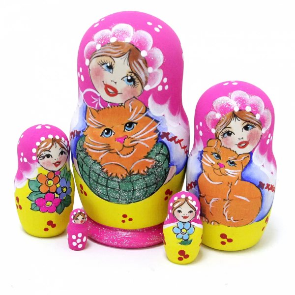 Матрешка Девочка с котом (розовая) 5м9
