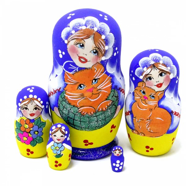 Матрешка Девочка с котом (синяя) 5м9