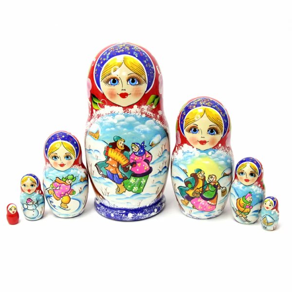 Матрешка Зимние забавы красный платок 7м21