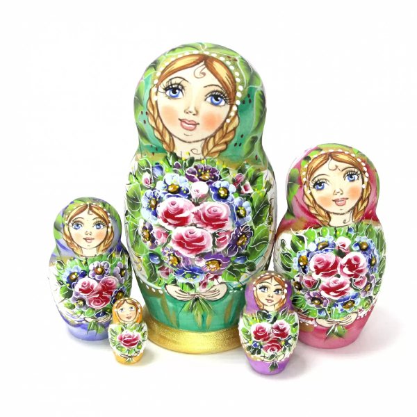 Матрешка Катя с букетом зеленая 5м 14 см
