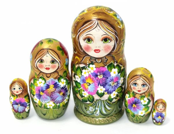 Матрешка Эля с анютиными глазками (золотая) 5 мест 17 см