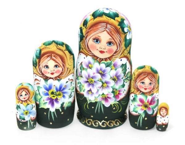Матрешка Наташа с фиалками (желтая) VE 14 см 5 мест
