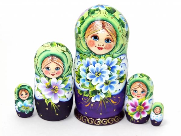 Матрешка Наташа с фиалками (зеленая) VE 14 см 5 мест