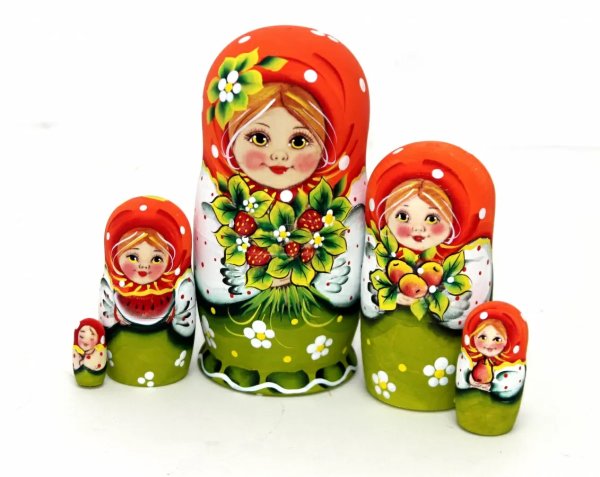 Матрешка Эля с букетом земл. (оранжево-зеленая)5м14