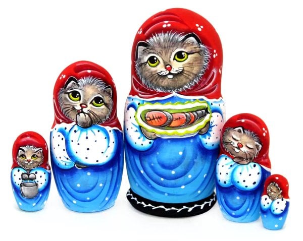 Матрешка Кошка и форель 5 мест 14 см