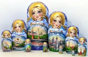 Матрешка Москва Гжель золото 10м25