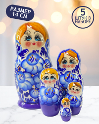 Матрешка Наталья синяя 5 в 1, 14 см - K22