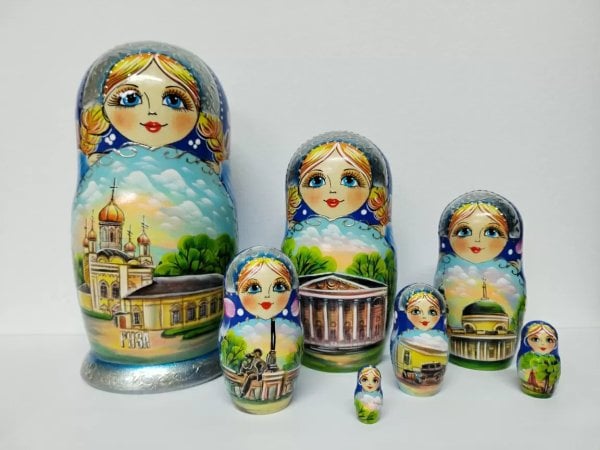 Матрешка Руза синяя 7м 21см
