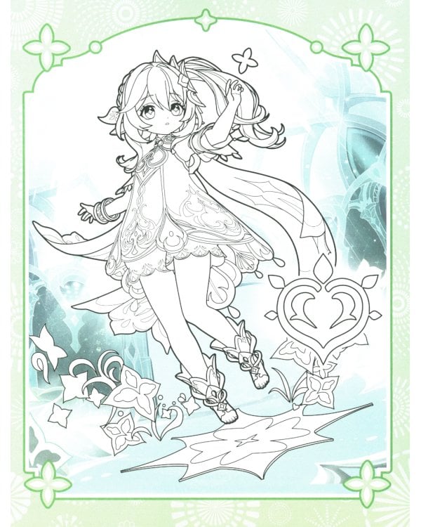 Genshin Impact. Раскраска по образцу (зеленая)
