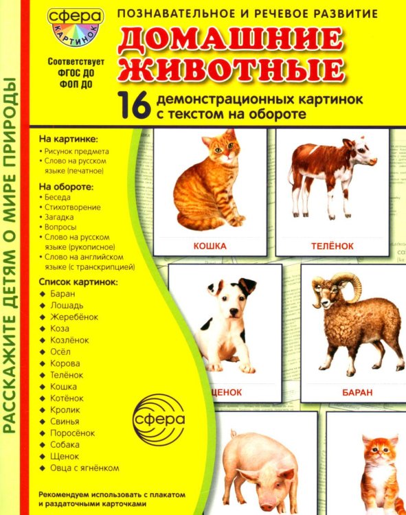 Домашние животные. 16 демонстрационных картинок с текстом на обороте