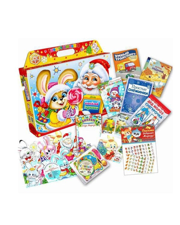 Новогодний подарок мальчику в чемоданчике НОВОГОДНИЙ ЗАЙЧИК . Для детей 5-8 лет. (20 пр.: 8 книг, 2 компл. укр.,6 фигур., наклейки, грамота, и т.д.)