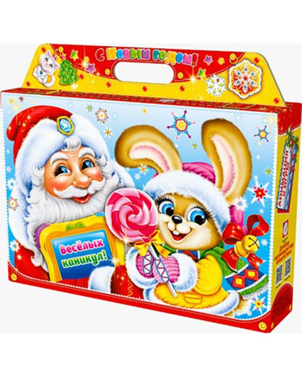 Новогодний подарок девочке в чемоданчике НОВОГОДНИЙ ЗАЙЧИК. Для детей 5-8 лет. (20 пр.: 8 книг, 2 компл. укр.,6 фигур., наклейки, грамота, и т.д.)