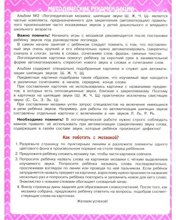 Логопедическая мозаика: шипящие звуки Ш, Щ, Ж, Ч