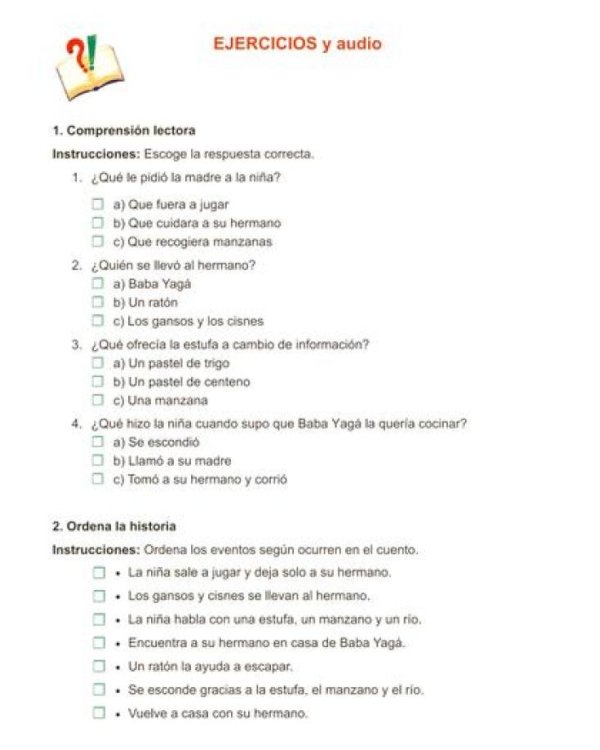 Русские народные сказки для изучающих испанский язык. Учебные материалы. Уровень А2-В1 (Гуси-Лебеди, Маша и медведь, Каша из топора)(кн.на испан.яз.)