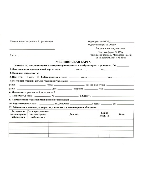 Медицинская карта пациента, получающего медицинскую помощь в амбулаторных условиях (форма №025/у)