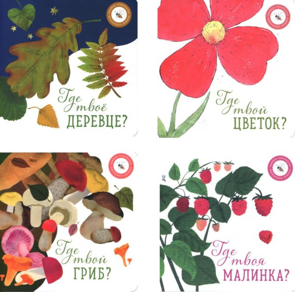 Книжка-отвлекалка Где твой цветок? Где твой гриб? Где твоя малинка? Где твое деревце? (комплект из 4-х книг)