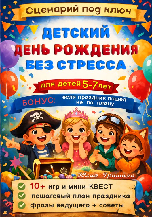 Сценарий: Детский День Рождения без стресса Обложка книги «Сценарий: Детский День Рождения без стресса» — Юлия Гришина, ISBN 9785524028341