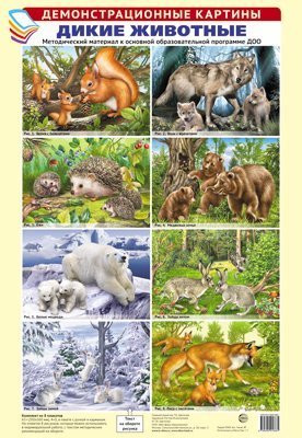 Демонстрационные картины А3. Дикие животные. Методический материал к основной образовательной программе ДОО 8 картин А3+, этикетка с текстом заданий на обороте