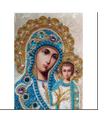 Набор для творчества мозаика из кристаллов-страз Икона Пресвятая Богородица Казанская: кристаллы 30 цветов (акрил), холст на подрамнике из МДФ с клеевой схемой из нетканого материала (полиэфирные волокна), стилус (полипропилен), силиконовый клей для стилу