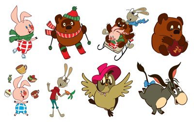 КФМ2-12673 Комплект вырубных мини-плакатов. Герои сказки Винни Пух 7 персонажей из мультфильма с УФ-лаком