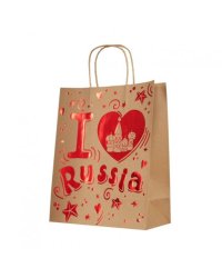 Пакет Люблю Россию из крафт-бумаги, для сувенирной продукции, с тиснением, с шириной основания 26 см, плотность бумаги 150 гм2 26х32.4х12.7см арт.79258