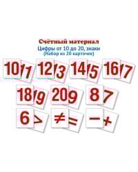 Счетный материал. Набор из 20 карточек. Цифры от 10 до 20, знаки Математические ступеньки, 6-7 лет