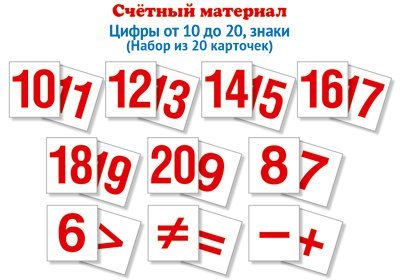 Счетный материал. Набор из 20 карточек. Цифры от 10 до 20, знаки Математические ступеньки, 6-7 лет