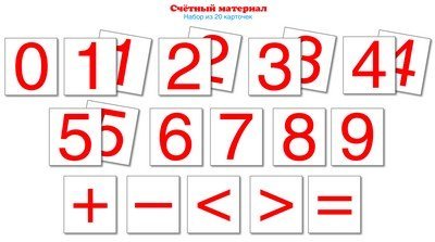 Счетный материал. Набор из 20 карточек. Цифры, математические знаки Математические ступеньки, 5-6 лет, 6-7 лет