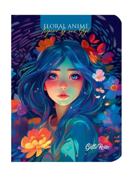 Gatto Rosso. Блокнот в клетку Floral anime. ГОЛУБОЙ